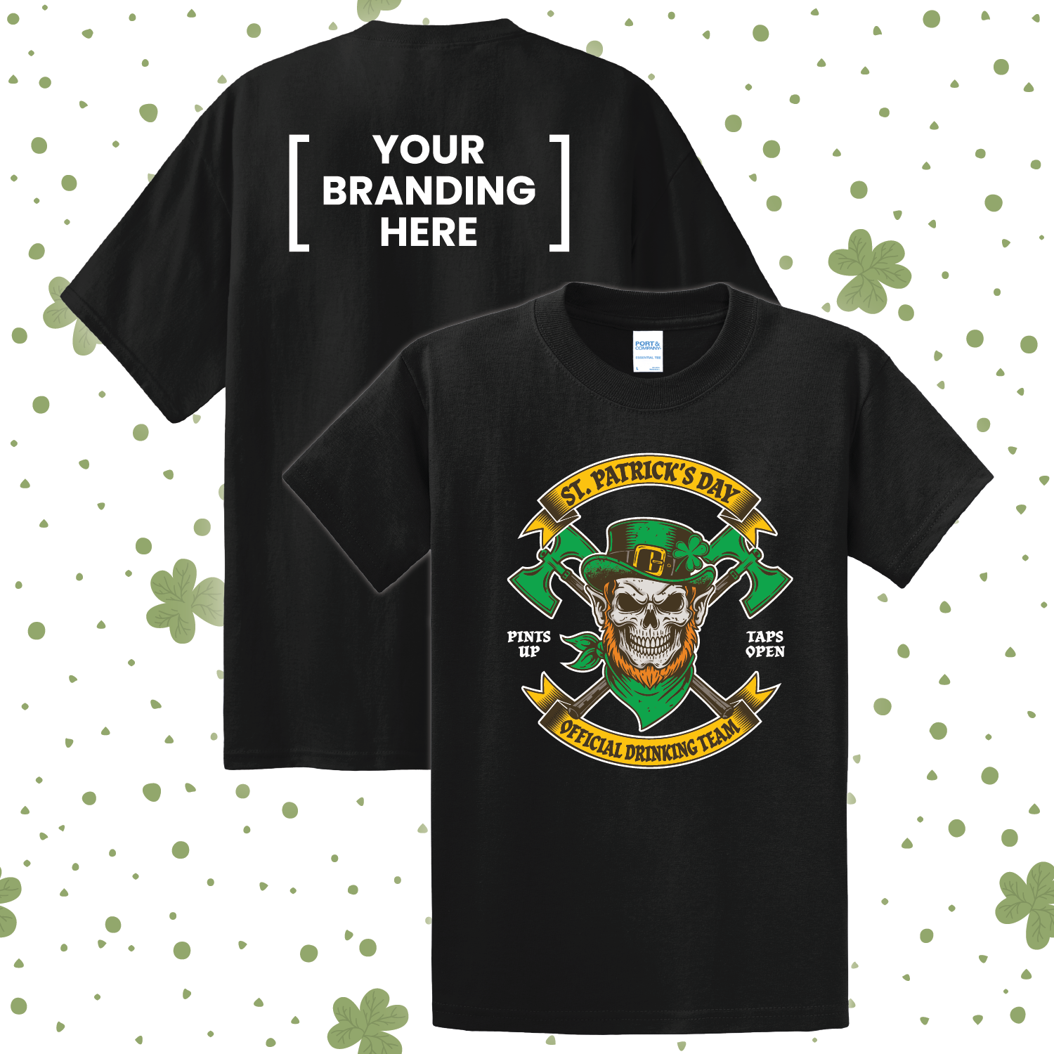 Black t-shirt with St. Patrick's Day design featuring a skull in a leprechaun hat on a white background with green shamrock patterns.